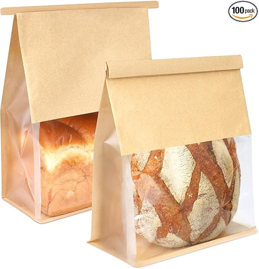 100 Pack Bread Bags for Homemade Sourdough Bread, 8.7x4.3x11 Inches Tin Tie Tab Lock Large Bakery Bag with Window Kraft Paper Packaging Bags for Gifting & Bake Sale