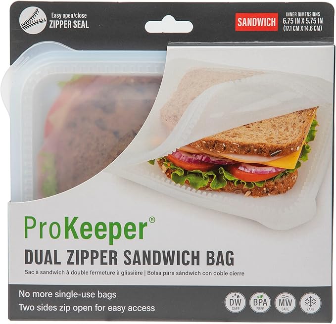 ProKeeper Dual-Zipper 100% Silicone Sandwich Bag, Clear – Reusable, Leak-Proof, Eco-Friendly Food Storage for Sandwiches and Snacks