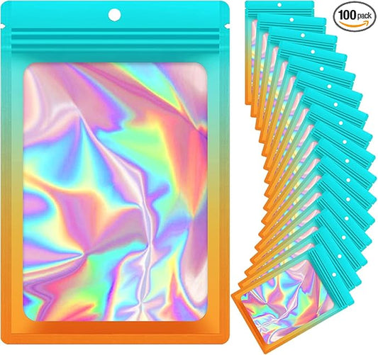 100 Pieces Resealable Mylar Bags, Smell Proof Bags with Clear Window for Food Storage Party Favor Packaging Small Business(Green&Orange, 3×4.7 Inch)