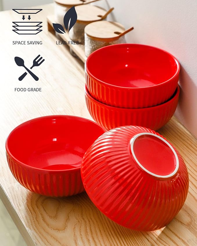 Hasense Large Ceramic Serving Bowls 42 Oz - 7 Inch Salad Bowl Set of 4 for Kitchen,Modern Ribbed Porcelain Dishes for Entertaining,Soup,Pho,Pasta,Cereal, Noodle - Dishwasher & Microwave Safe, Red