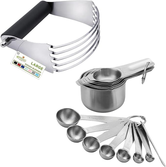 Spring Chef Professional Large Dough Blender, Black & Stainless Steel Round Measuring Cups and Spoons, Set of 15-2 Product Bundle