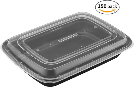 TIYA Takeout Food Containers - 38 oz Bulk 150 Pack with Lids - Rectangular Plastic To-Go Containers - Reusable, Microwavable, Dishwasher Safe - Leak-Proof for Meal Prep & Restaurants - BPA-Free