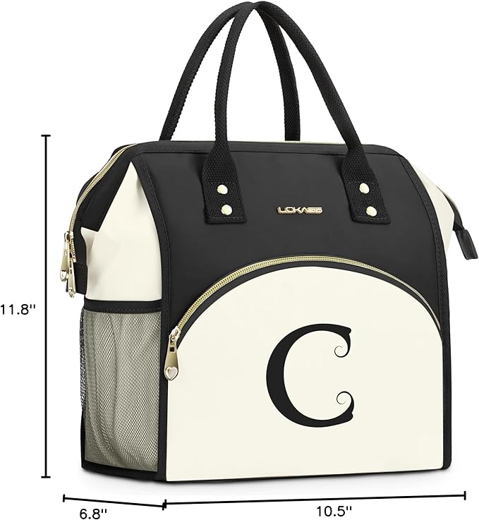 Personalized Lunch Bag for Women, Preppy Reusable Insulated Initials Lunch Box Gift for Friend Large Wide-Open Water Resistant Adult Cooler Tote Bag for Work, Travel, Picnic - Black C