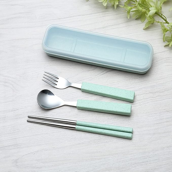 VANRA 3-Piece Children Utensils Set 18/8 Stainless Steel Child Flatware Set Silverware Spoon Fork Chopstick Set with Travel Case for Kids Lunch Box
