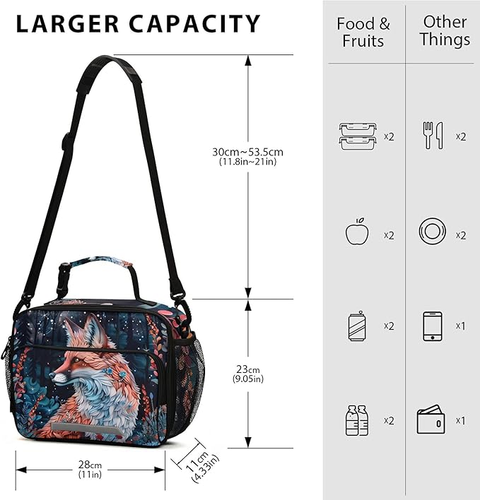 MNSRUU Student Lunch Bag Beautiful Fox Insulated DinnerTotes Picnic Bag Lunch Box with Adjustable Shoulder Strap for Teen Kids Adults