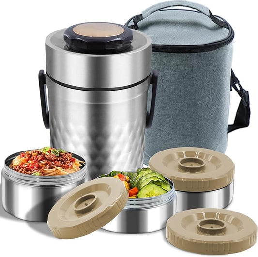 67oz Thermos for Hot Food,3-Layer Sealed Stackable Food Thermos,with Lunch Bag Soup Thermos Wide Mouth,It Is Suitable for Daily Office Meals, and Outdoor Meals (Silver)