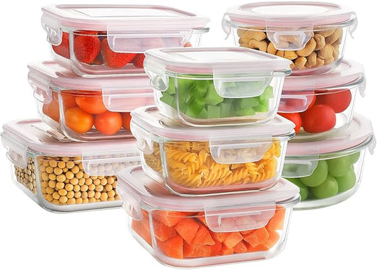 Bayco Glass Storage Containers with Lids, 9 Sets Glass Meal Prep Containers Airtight, Glass Food Storage Containers, Glass Containers for Food Storage with Lids - BPA-Free & Leak Proof(Pink)