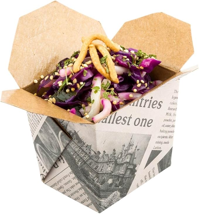 Restaurantware-8 Ounce Noodle Take Out Boxes, 200 Disposable Food To Go Boxes - Tab-Lock, Stackable, Newsprint Paper Take Home Boxes, Greaseproof, For Restaurants, Catering, And Parties