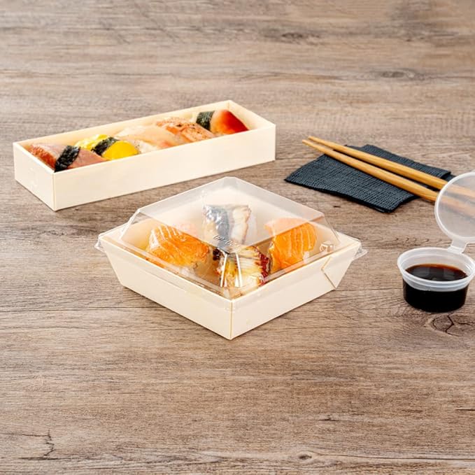 Restaurantware LIDS ONLY: Taipei 5.3 x 5.3 x 1 Inch Square Transparent Lids 100 Plastic Lids For 14 Ounce Square Flare Wooden Containers - Containers Sold Separately Clear Plastic To Go Box Lids
