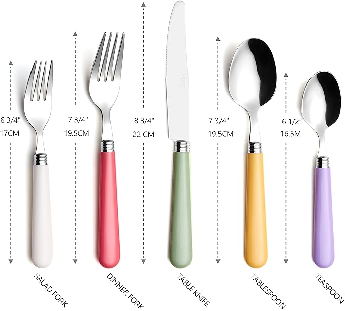 ANNOVA Silverware Set 20 Pieces Stainless Steel Cutlery Color Handle Flatware - 4 x Dinner Knife; 4 x Dinner Fork; 4 x Salad Fork; 4 x Dinner Spoon; 4 x Dessert Spoon (Mix Color)