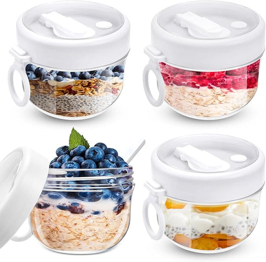 4 Pcs Overnight Oats Container with Lids and Spoons, 20 oz Plastic Overnight Oats Jars Large Capacity Airtight Yogurt Container for Milk, Fruit, Cereal and Salad Storage (White)