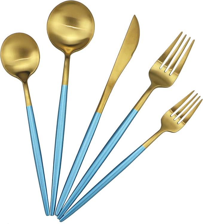 Blue Handle Matte Gold Silverware Set - 5-Piece 18/10 Stainless Steel Satin Finish Flatware, Kitchen Utensils, Tableware Travel Cutlery for Camping, Office, School Lunch - Dishwasher Safe