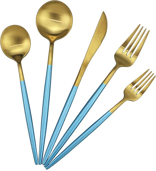 Blue Handle Matte Gold Silverware Set - 5-Piece 18/10 Stainless Steel Satin Finish Flatware, Kitchen Utensils, Tableware Travel Cutlery for Camping, Office, School Lunch - Dishwasher Safe
