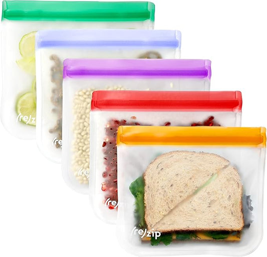 (re) zip 5-pack Reusable Sandwich Lunch Food Storage Bags (28 Fl Oz, 3.5 Cup) | BPA-Free, Food Grade, Leakproof, Freezer Safe, Dishwasher Safe, Travel Friendly | Jewel Tones for Easy Organization
