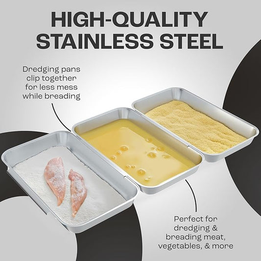 Set of 3 Larger Interlocking Breading Trays | 10.4" x 6.1" x 1.2" | Stackable Dredging Trays for Breading, Marinating, Roasting | Non-Toxic Stainless Steel Breading Pans | Oven & Dishwasher Safe