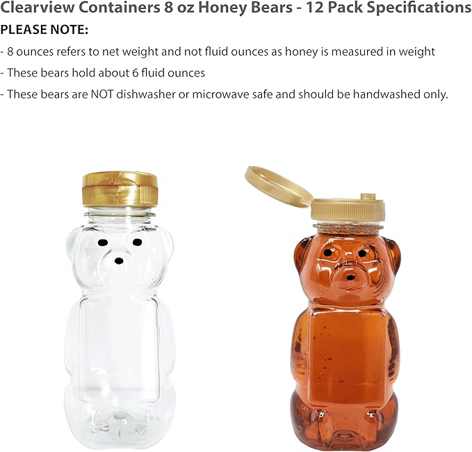 12 Pack of 8 Ounce Honey Bears with Sealable Gold Flip Top Lids (8 oz. Bear, 12pk, Gold)