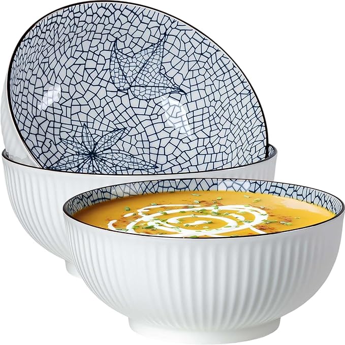 QINLANG Large Soup Bowls, Pho & Ramen Set of 3, 60 oz Blue & White Porcelain - Leaf Pattern