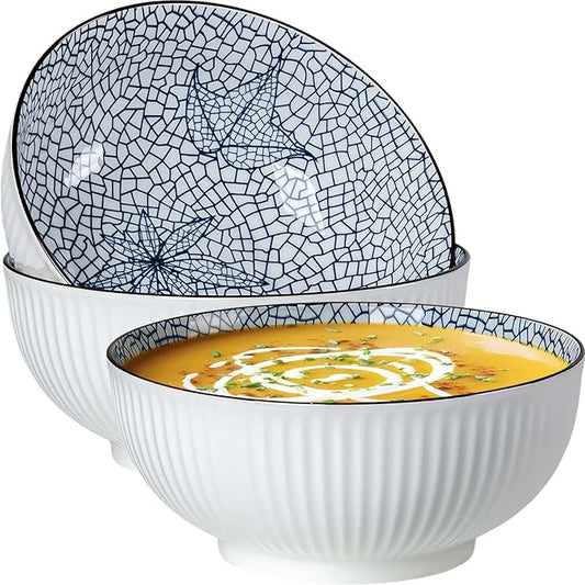 QINLANG Large Soup Bowls, Pho & Ramen Set of 3, 60 oz Blue & White Porcelain - Leaf Pattern