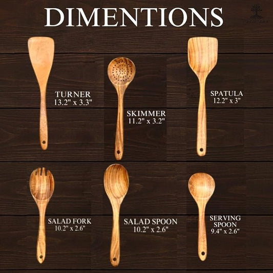 6-Piece Wooden Utensil Set – Premium Teak Wood Cooking Spoons & Spatulas, Non-Stick, Heat-Resistant, Durable & Eco-Friendly Kitchen Tools for Cooking & Serving