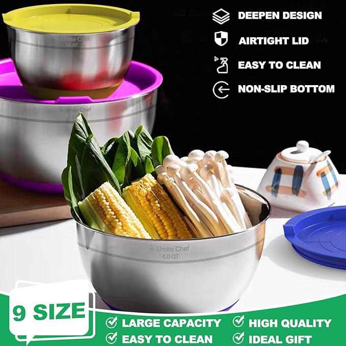 Umite Chef 22Pcs Mixing Bowls with Airtight Lids, Stainless Steel Nesting Mixing Bowls Set for Baking, Prepping, Non-slip Silicone Bottom, Colorful Bowls with Kitchen Gadgets for Mixing, Serving