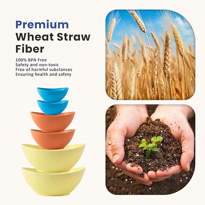 Homienly Wheat Straw Mixing Bowls Set of 6 with 3 Size, Stackable Nesting Bowls Set,Unbreakable Bowls for Kitchen, Picnic, Microwave and Dishwasher Safe Bowls for Salad,Cereal,Snack(Shoreline Color)
