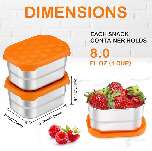 Leonyo 18/10 Stainless Steel Snack Containers for Kids and Toddlers, 8oz Lunch Containers with Silicone Lids, Metal Toddler Lunch Box for Daycare and School, Easy Open Leak Proof