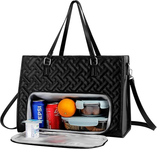 Lunch Tote Bag for Women, 15.6 inch Work Laptop Bag with Insulated Lunch Compartment - PU Leather Quilted Large Computer Handbag with Purse for Office Travel Casual - Black