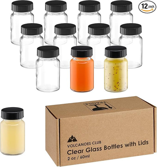 2oz Glass Jars with Lids - Glass Shot Bottles Set for Liquids, Juicing, Ginger Shot, Sample - Small Containers with Screw Caps - Mini Round Bottles - Leakproof/Wide Mouth - 12Pack