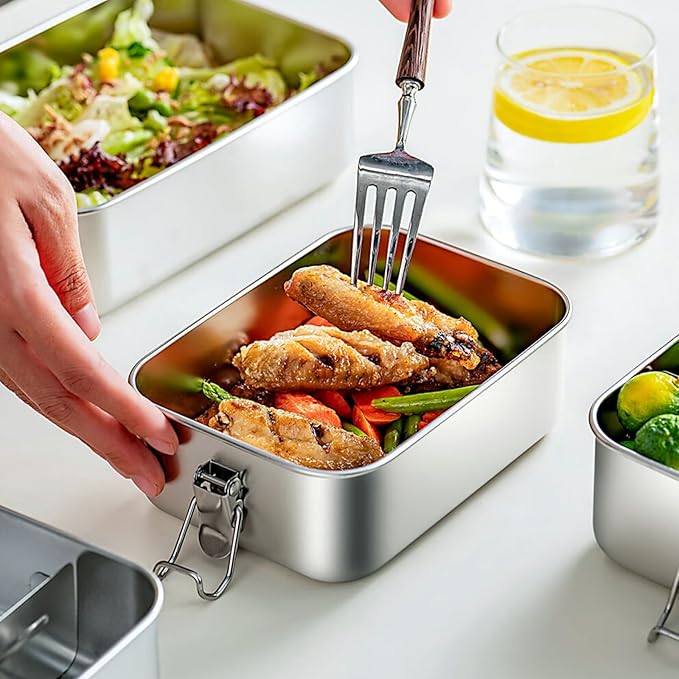 4 Pack Stainless Steel Lunch Box, 550ml Small Metal Bento Box Engraving Food Words, Reusable Dishwasher Safe Stainless Steel Containers for Work, Outdoor (Food, Small)