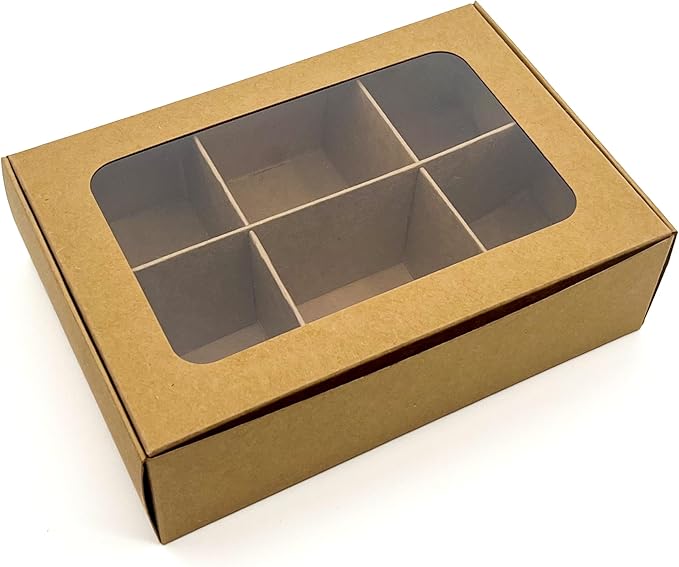 Treat boxes with window and dividers | 6 SMALL compartments | 6.5 x 4.5 x 1.9 in | Chocolate covered strawberries supplies, macaron boxes, baked goods packaging | 20-pack (Kraft)