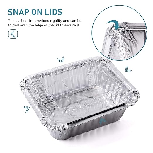 1LB Takeout Aluminum Pans with Clear Plastic Lids（100PACK）, Foil Pans - to Go Food Containers，Recyclable Aluminum Foil with Strong Seal for Freshness & Spill Resistance- 5.5"x 4.5"x 1.57"