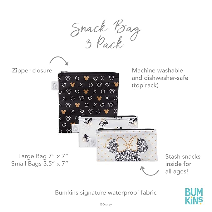 Bumkins Disney Reusable Sandwich and Snack Bags, for Kids School Lunch and for Adults Portion, Washable Fabric, Waterproof Cloth Zip Bag, Travel Pouch, Food-Safe, 3-pk Love, Minnie