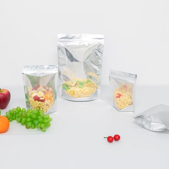 100PCS 6"X9" Clear Front & Aluminum Foil Back Mylar Bags for Food Storage,Smell Proof Stand Up Ziplock Pouch,Resealable Bags for Small Business Packaging Candy Coffee Bean Nuts Cookie