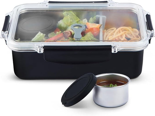 Bliss - Modern Leak proof Stainless Steel Lunch Box for Adults I Microwave safe | Metal Bento Box with 3 Compartments, Stainless steel Lunch Container, Metal Food Storage| Salad container