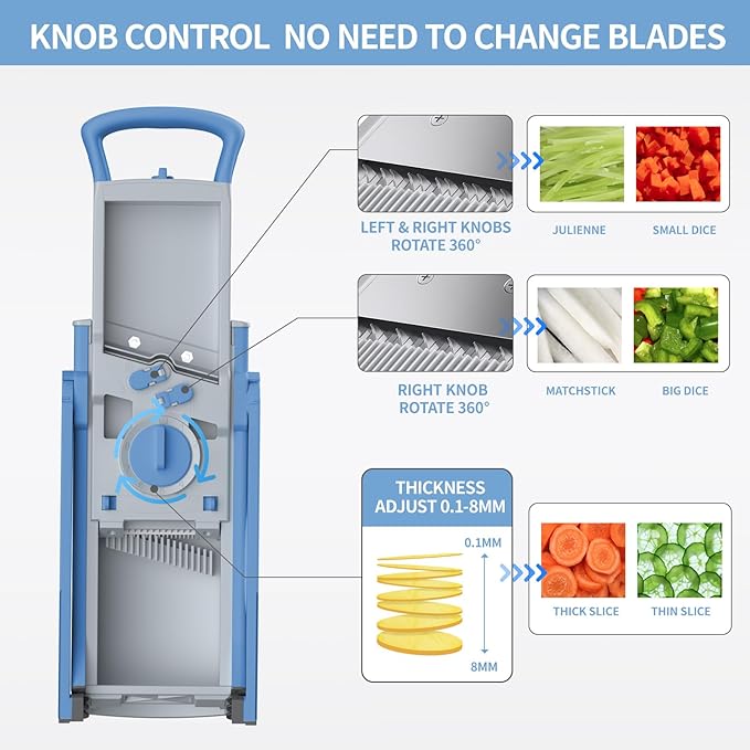 Upgrade Safe Mandoline Slicer for Kitchen, Chopper Vegetable Cutter, Potato Slicer Thickness Adjuster, French Fry Cutter, Veggie Dicer Faster Kitchen Mandolin for Meal Prep (Blue)