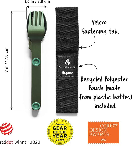 FULL WINDSOR - MAGWARE Magnetic Camping Cutlery Set - Travel Utensils for Camping, Cooking, and Outdoor Dining - Knife, Fork & Spoon- Portable Silverware with Pouch - Fathers Day Gifts - Green (3 PCS)