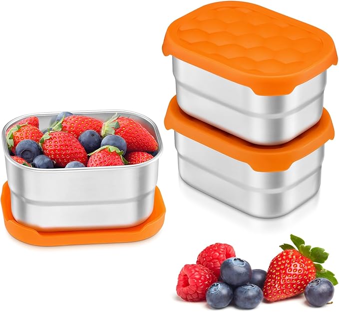 Leonyo 18/10 Stainless Steel Snack Containers for Kids and Toddlers, 8oz Lunch Containers with Silicone Lids, Metal Toddler Lunch Box for Daycare and School, Easy Open Leak Proof
