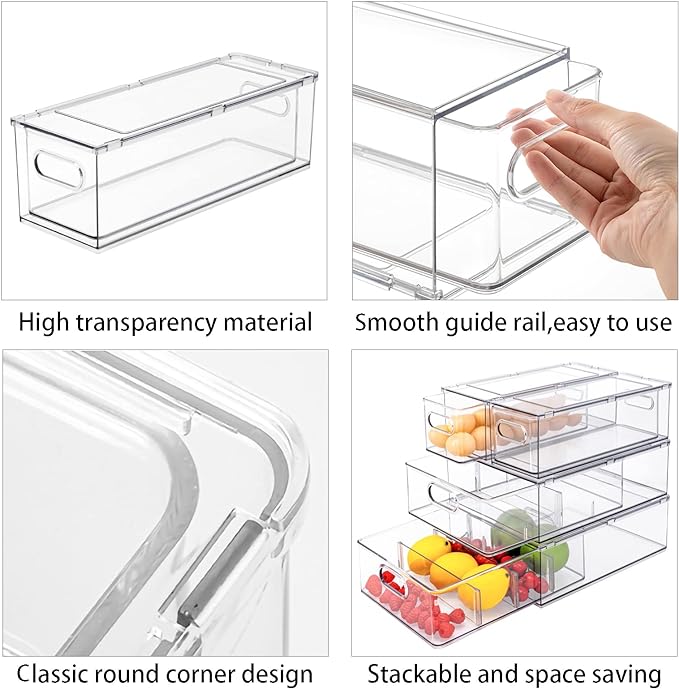 MineSign Stackable Fridge Drawer Pull-Out Bins with Handles 3 Pack Large Clear Food Container with Removable Dividers Refrigerator Storage box Divided Produce Saver for Pantry Kitchen
