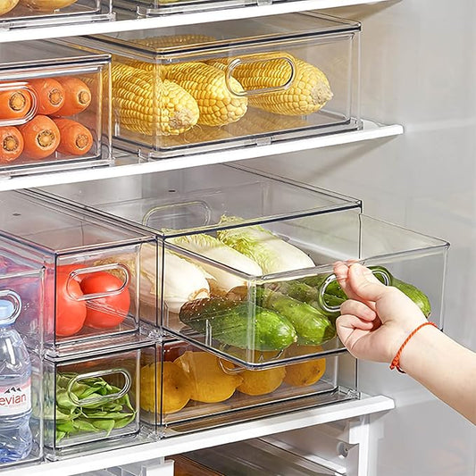 MineSign Set of 3 Stackable Refrigerator Organizer Bins Pull-Out Drawers for Fruit and Veggies Divided Storage Organizer for Fridge Clear Drawer Containers with Handle for Produce Saver, Eggs, Snack