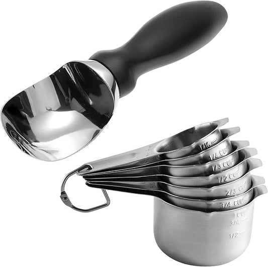 Spring Chef Premium Ice Cream Scoop, Black & Stainless Steel Round Measuring Cups, Set of 7-2 Product Bundle