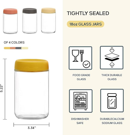 18 OZ Glass Food Jar Storage Containers with Airtight Lids, Reusable Wide Mouth Overnight Oats Glass Mason Jars for Snacks Yogurt Pudding(Multicolor 4pack-2)