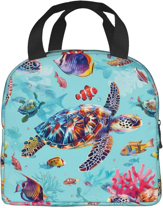 Blue Ocean Insulated Lunch Bag for Women Men Reusable Cooler Nautical Lunch Tote Bag with Front Pocket for Hiking Picnic Travel Office