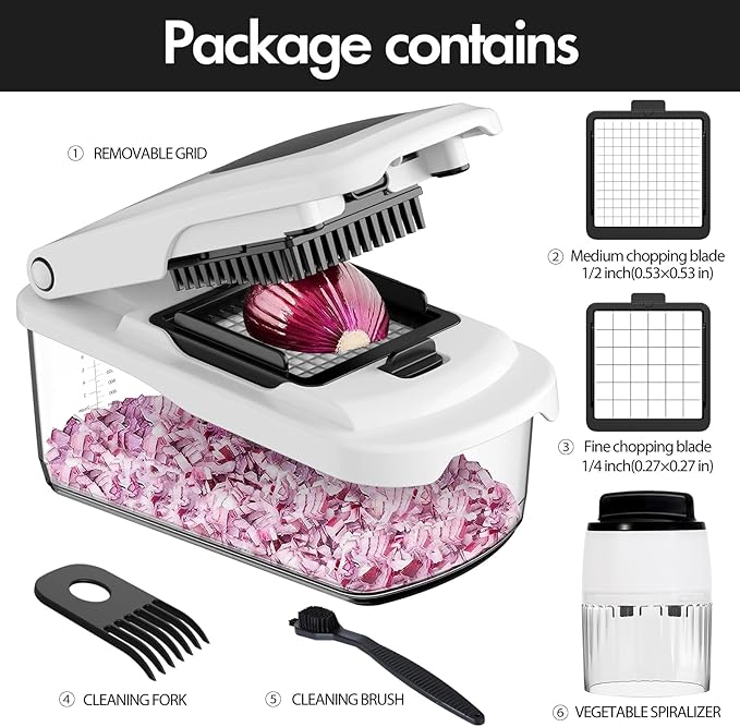 Cambom Vegetable Chopper With Container, Multifunctional Food Chopper Onion & Vegetable Cutter Dicer With 8 Blades, Carrot & Veggie Slicer Spiralizer 6 Blades