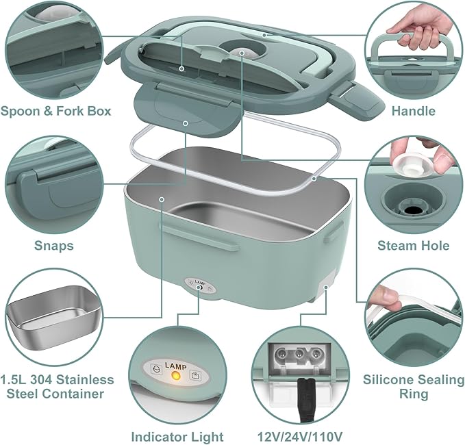 Electric Lunch Box Food Heater, 60W-80W Heated Lunch Box for Adults, 12V 24V 110V Portable Food Warmer LunchBox for Car Truck Work with Removable 304 Stainless Steel Container, Carry Bag