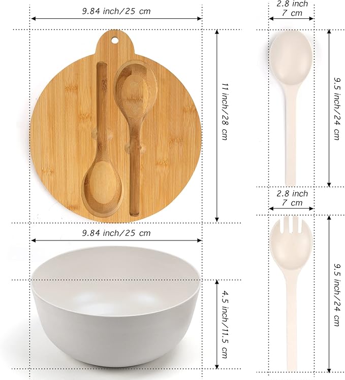 ShineMe Large Salad Bowl with Lid, 9.8inches White Salad Serving Bowl Set with Utensils, Bamboo Wooden Salad Bowl with Multifunctional Lid with Handle and Silicone Seal Ring
