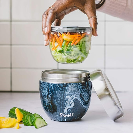 S'well Eats Stainless Steel Food Bowls, 21.5oz, Azurite Marble, Triple-Layered Vacuum-Insulated Containers Keeps Food Cold for 11 Hours and Hot for 7 hours, Condensation Free, BPA Free