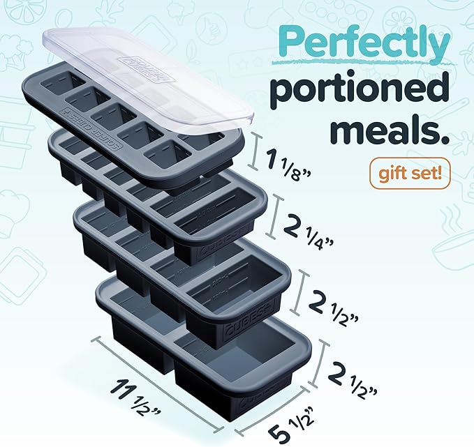 Souper Cubes Silicone Freezer Molds Gift Set with 2 Tbsp, 1/2, 1, and 2 Cup Silicone Freezer Trays With Lids - Meal Prep and Kitchen Essentials Bundle - Charcoal