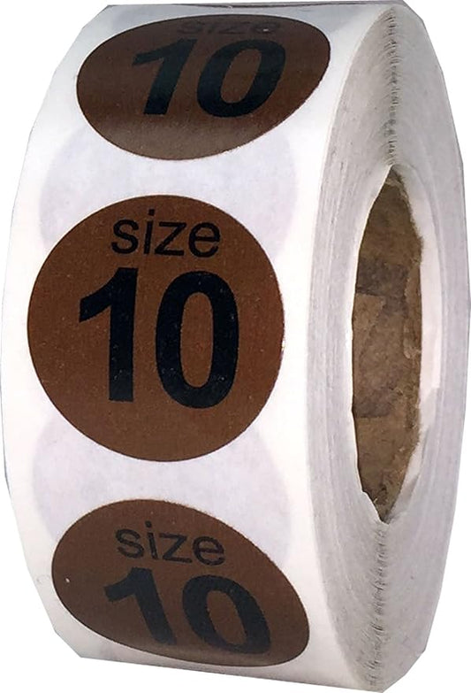 Shoe Size 10 Brown Stickers for Retail Clothing – 3/4 Inch Round, 500 Semi-Gloss Adhesive Labels Per Roll for Footwear Inventory, Organization, and Display – Made in The USA