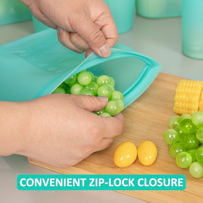Reusable Food Bags, 12 Pack 100% Silicone Food Storage Bags Stand Up Zip Lock Container, Freezer Microwave Oven Dishwasher Safe, 4 Large 4 Medium 4 Small, Aqua