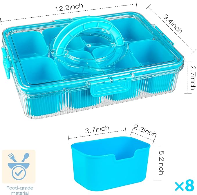 Patent Design Ribbed Snackle Box Container Divided Serving Tray with Lid and Handle -Charcuterie Container Portable Storage Organizer for Candy, Fruit, Beach, Picnics（1 pcs, Lake blue）